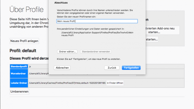 Firefox bereinigen unter macOS: Profil aktivieren