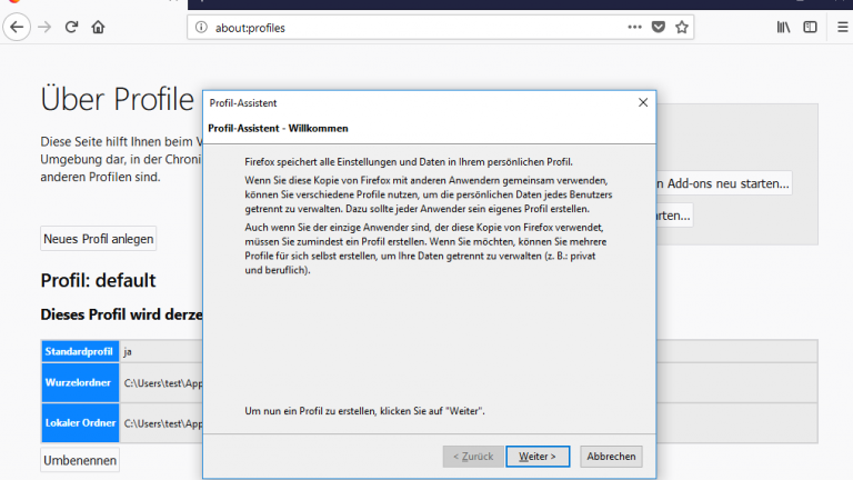 Firefox bereinigen unter Windows 10: Profil-Assistent
