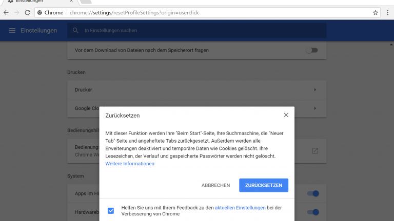 zurücksetzen Screenshot Chrome zurücksetzen unter Windows 10