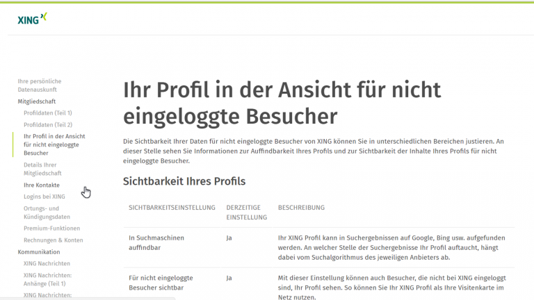 Datenauskunft Ergebnis Screenshot Xing Datenauskunft