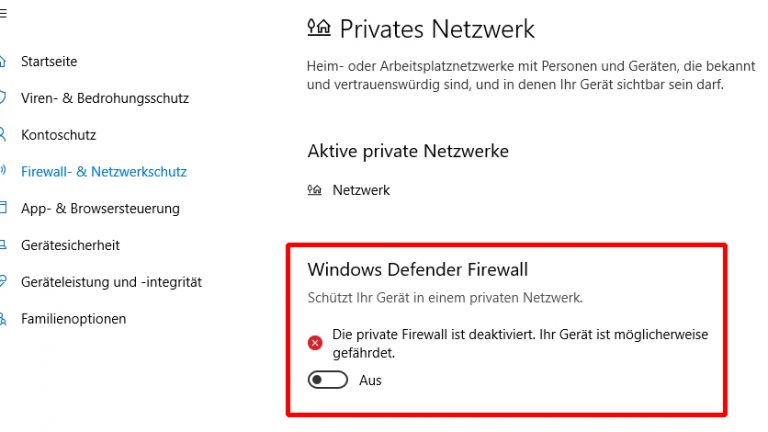 Deaktivierte Firewall Deaktivierte Firewall in Windows Defender