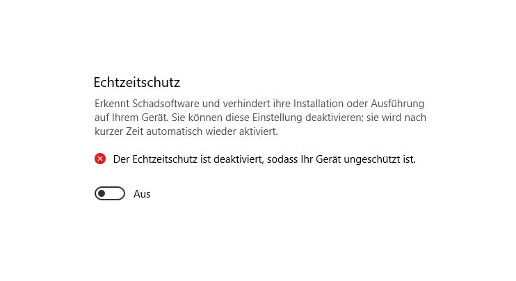 Echtzeitschutz Deaktivierter Echtzeitschutz in Windows Defender