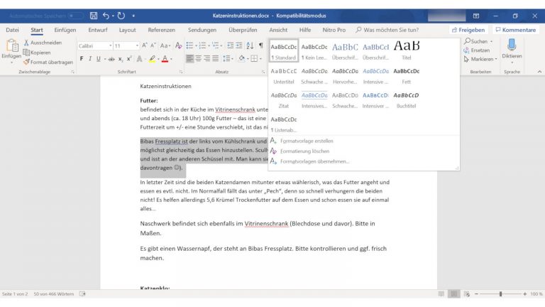 Formatvorlagen einblenden und auswählen Formatvorlagen in Word auswählen