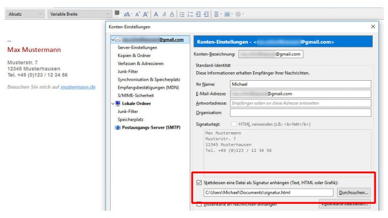 Thunderbird Screenshot formatierte Signatur in Thunderbird