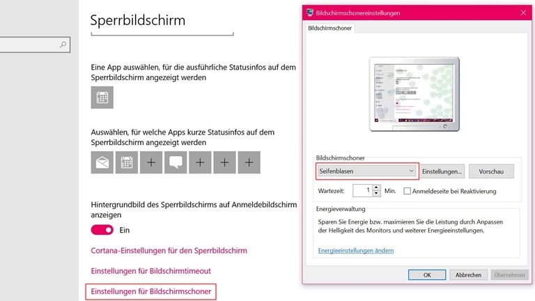 Windows 10: Bildschirmschoner hinzufügen, ändern, deaktivieren Bildschirmschoner Text
