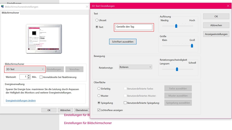 Windows 10: Bildschirmschoner hinzufügen, ändern, deaktivieren Bildschirmschoner Text