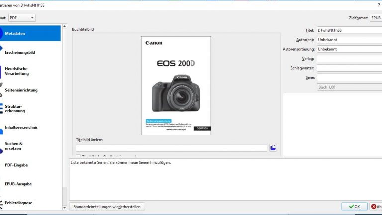 Calibre-Fenster mit Einstellungen zu Dateiformat, in das konvertiert werden soll Calibre-Fenster mit Einstellungen zu Dateiformat, in das konvertiert werden soll