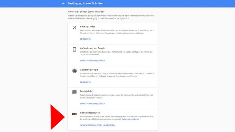 Google: Bestätigung in zwei Schritten Sicherheitsschlüssel Screenshot Sicherheitsschlüssel für Bestätigung in zwei Schritten wählen