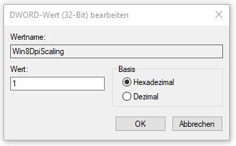 Skalierung aktivieren mit Angabe des Wertes 1 in Registry Skalierung aktivieren mit Angabe des Wertes 1 in Registry