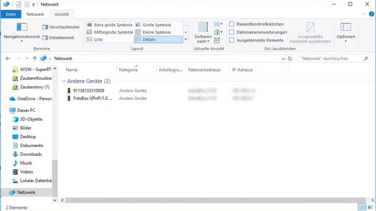 Netzwerk-Fenster mit neuer Spalte IP-Adressen Netzwerk-Fenster mit neuer Spalte IP-Adressen