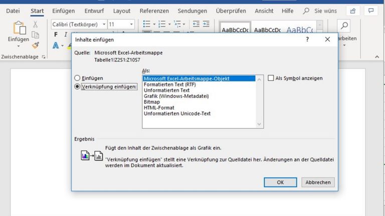 Excel-Tabelle in Word einfügen: Synchronisation Excel-Tabelle mit Live-Synchronisation in Word einfügen