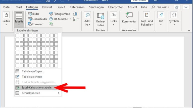 Excel-Tabelle in Word einfügen: Reiter Einfügen Excel-Tabelle in Word einfügen über den Reiter Einfügen