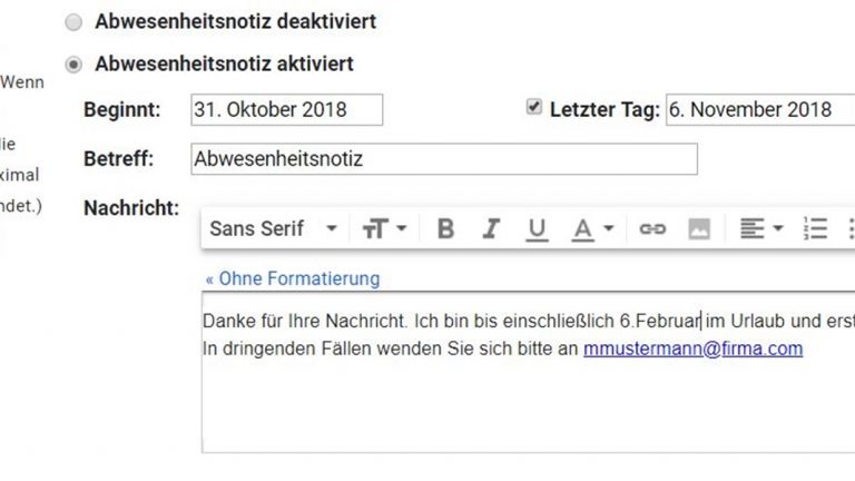 Abwesenheitsnotiz bei Gmail einrichten Abwesenheitsnotiz bei Gmail einrichten