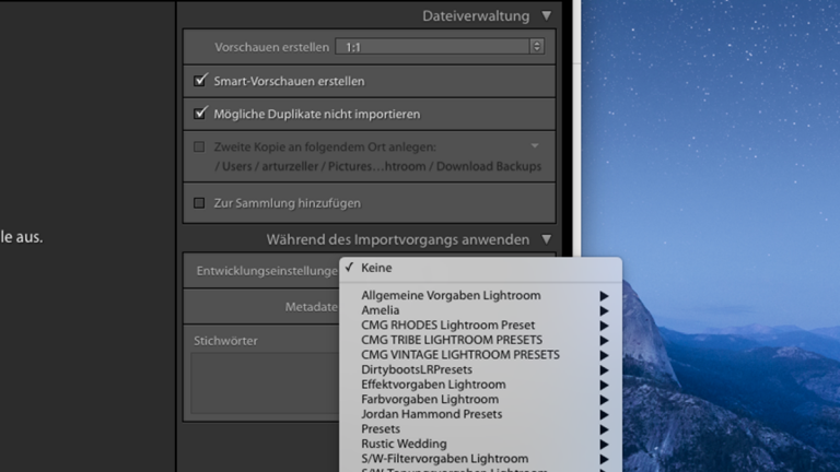 Lightroom-Katalog: Presets anwenden auf Import
