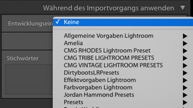 Lightroom: Presets beim Import anwenden