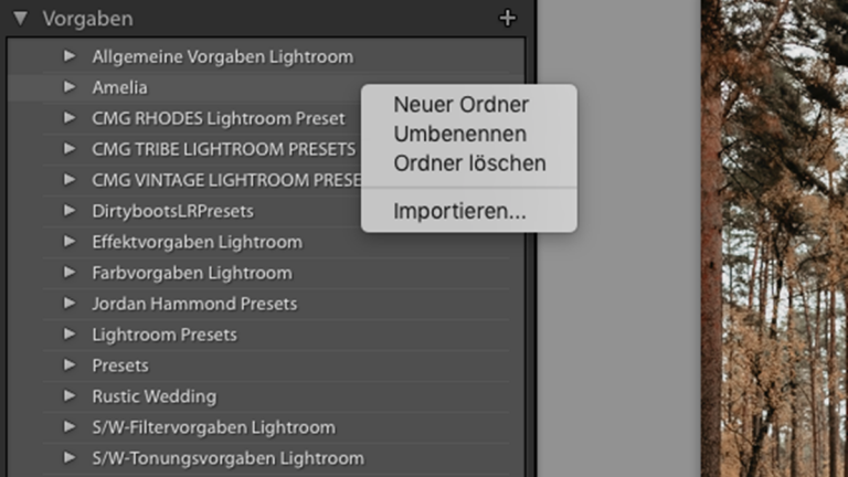 Lightroom Preset importieren: Neuer Ordner