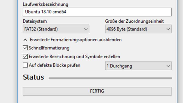 Rufus-Fenster mit Einstellungen zur Formatierung