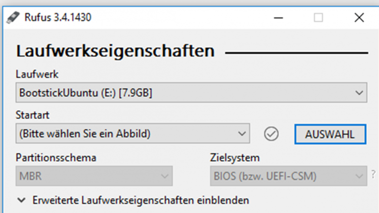 Rufus-Fenster mit Einstellungen zum Laufwerk