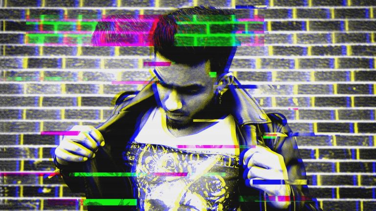 Photoshop Glitch-Effekt Scanlines Glitch-Effekt mit Scanlines in Photoshop verzerren das Bild eines jungen Mannes
