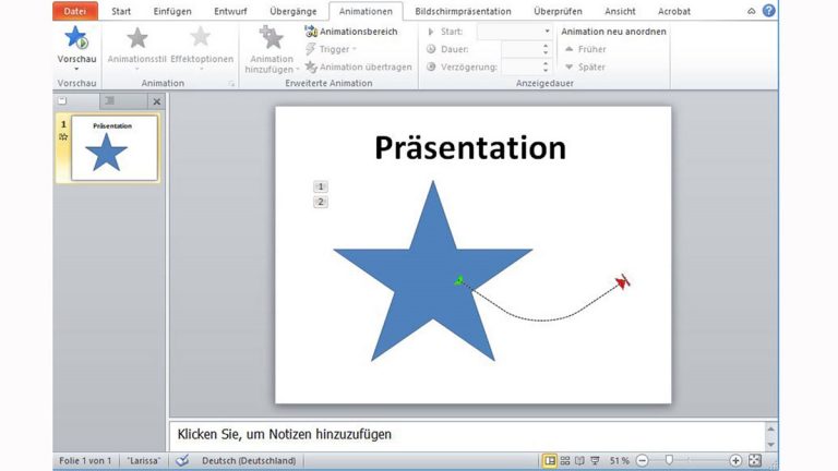 PowerPoint-Animation erstellen: Animationspfad Stern verschiebt sich auf vorgezeichnetem Animationspfad