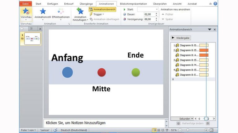 PowerPoint-Animation erstellen: Betonungseffekt Der erste Punkt in einem Zeitstrahl ist vergrößert