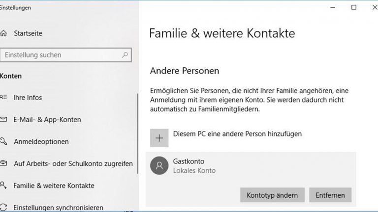 Windows-10-Gastkonto löschen: In der Home-Version auf Entfernen klicken Windows-10-Gastkonto löschen: In der Home-Version auf Entfernen klicken
