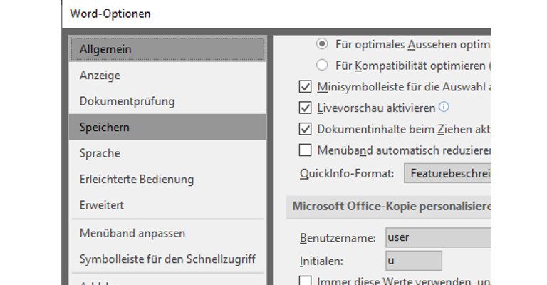 Word-Fenster Word-Optionen Speichern Word-Fenster Word-Optionen Speichern