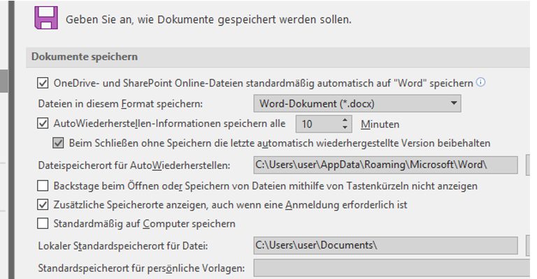 Word-Fenster Word-Optionen Dokument Speichern Word-Fenster Word-Optionen Dokument Speichern