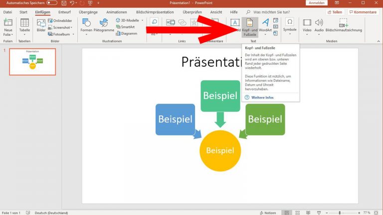 Bei PowerPoint im Menü Kopf- und Fußzeile auswählen Bei PowerPoint im Menü Kopf- und Fußzeile auswählen