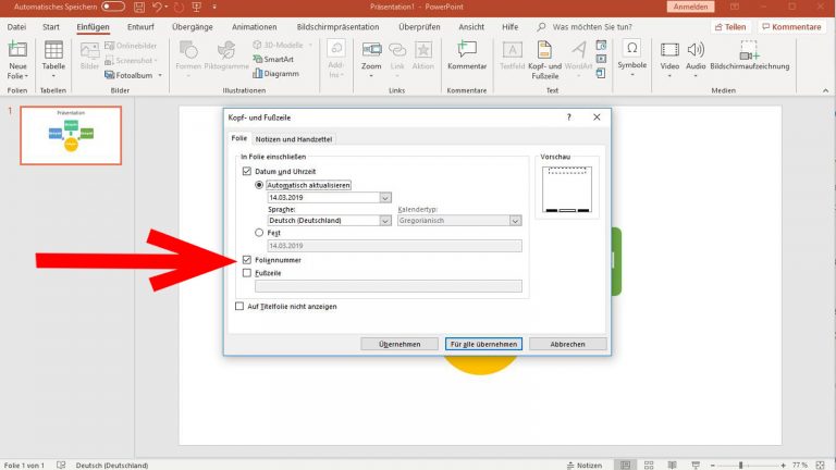 PowerPoint Kopf- und Fußzeile: Foliennummer einfügen PowerPoint Kopf- und Fußzeile: Foliennummer einfügen