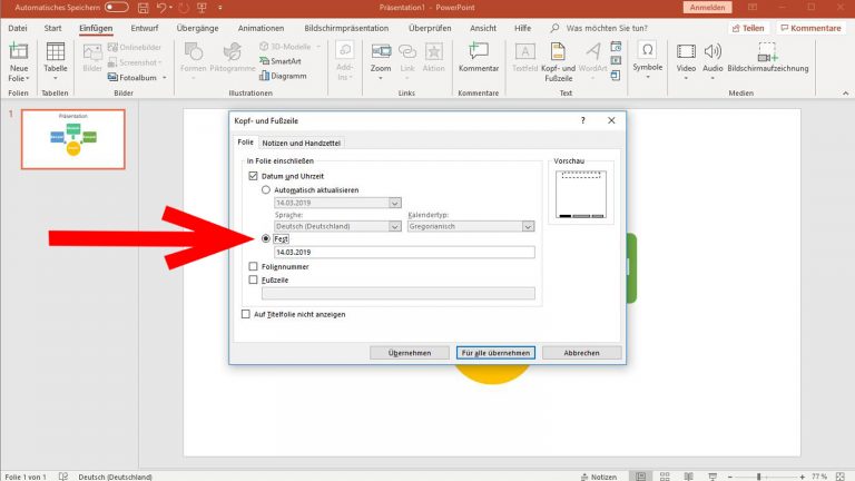 PowerPoint Kopf- und Fußzeile: Festes Datum einfügen PowerPoint Kopf- und Fußzeile: Festes Datum einfügen
