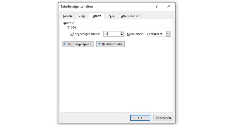 Word-Fenster Tabelleneigenschaften Word-Fenster Tabelleneigenschaften