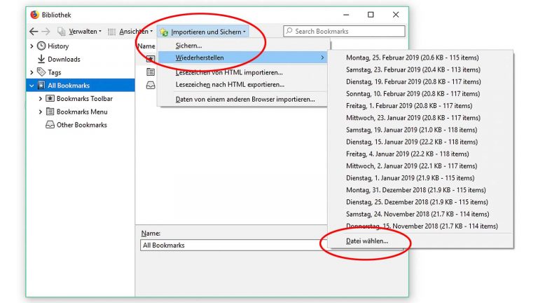 Lesezeichen suchen und wiederherstellen auf Desktop Lesezeichen suchen und wiederherstellen auf Desktop