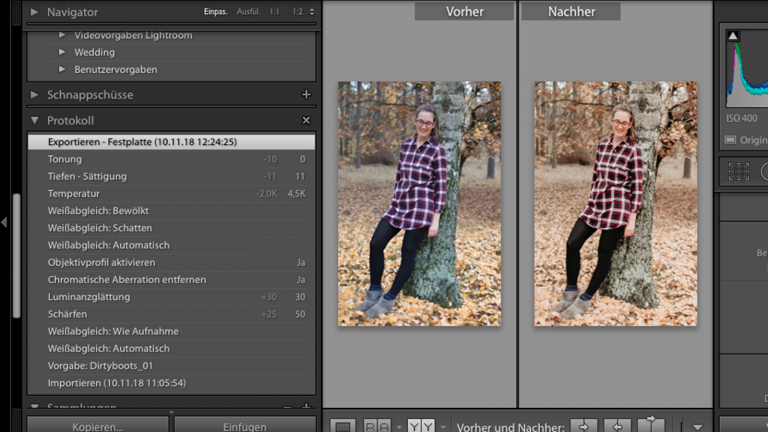 Das Bearbeitungsprotokoll bei Lightroom zeigt die verschiedenen Schritte der Bildbearbeitung an Das Bearbeitungsprotokoll bei Lightroom zeigt die verschiedenen Schritte der Bildbearbeitung an