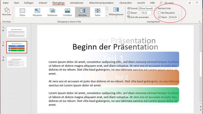 PowerPoint-Folienübergänge: Wischen automatisieren über den Punkt Nächste Folie PowerPoint-Folienübergänge: Wischen automatisieren über den Punkt Nächste Folie