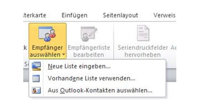 Serienbrief erstellen in Word 2010: Empfänger wählen Word-Fenster mit Empfänger für Serienbrief auswählen