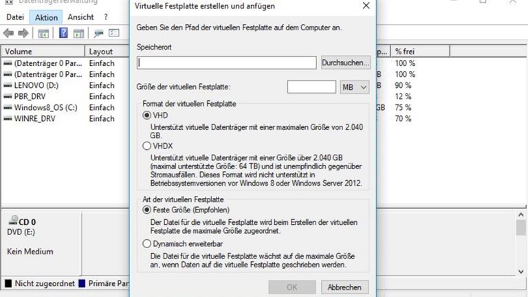 Virtuelles Laufwerk Windows 10: Einstellungen Virtuelles Laufwerk erstellen: Parameter für Festplatte festlegen