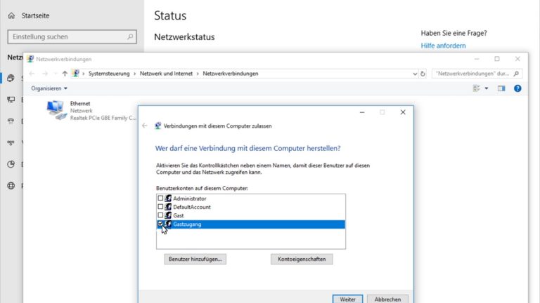 VPN-Server einrichten: PC-Benutzer auswählen Windows 10 als VPN-Server einrichten Screenshot