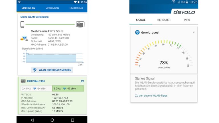 WLAN-Repeater einrichten: Optimale Position Apps FRITZ!App WLAN und devolo WLAN Hilfe Screenshot