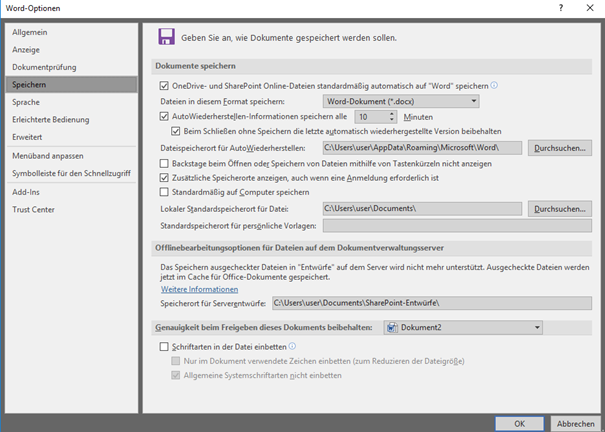 Word-Fenster mit Word-Optionen Word-Fenster mit Word-Optionen