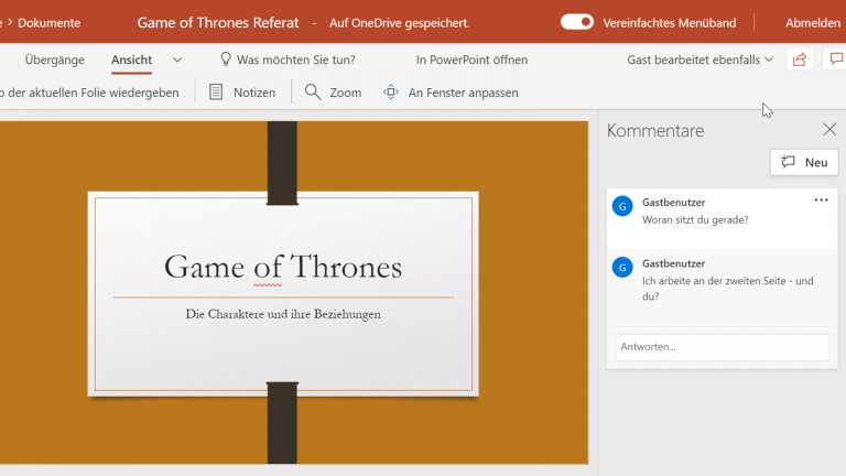 PowerPoint Online: In einer Präsentation chatten PowerPoint Online: In einer Präsentation chatten