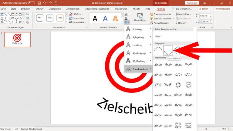 PowerPoint: Arch Down als Option zum Biegen des Textes auswählen