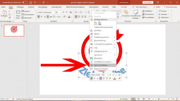 PowerPoint: Text spiegeln über den Menüpunkt Form formatieren
