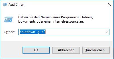 Fehler 0xc0000142: Windows 10 reparieren per Neustart Ausführen-Fenster mit shutdown-Befehl