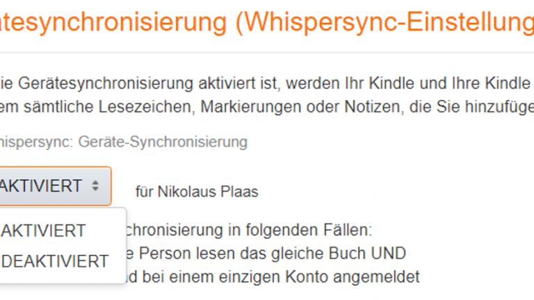 Amazon-Fenster Gerätesynchronisierung Optionen