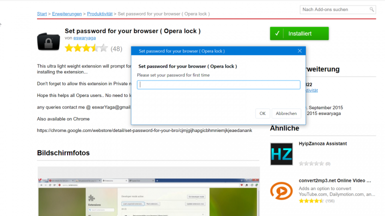Opera Plug-ins: Passwort Opera mit Passwort sperren