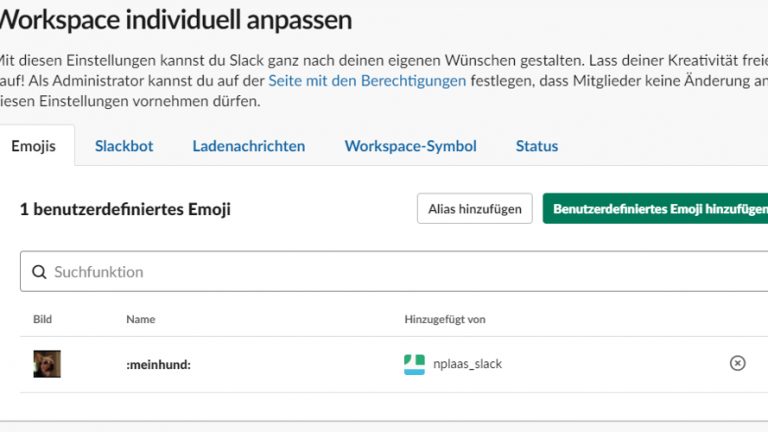 Slack-Fenster Liste mit eigenen Emojis