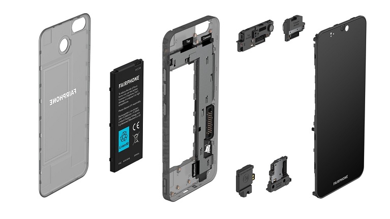 Das Fairphone 3 als Explosionsdiagramm