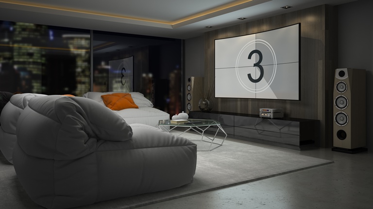 Beamer-Hushbox: Weniger Geräusche dank selbstgebautem Schallschutzgehäuse Heimkino mit Sofa, Beamer und Leinwand