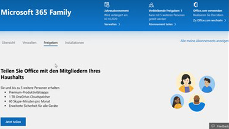 Office 365 Home: Word und Excel mit anderen teilen Office 365 Home teilen im Microsoft Account